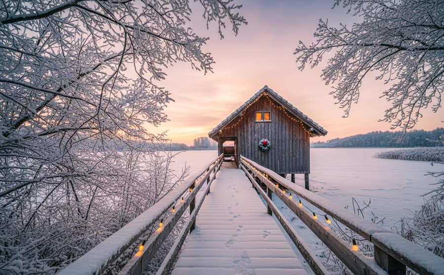 A wooden pier running out to a boathouse over a frozen lake at dusk