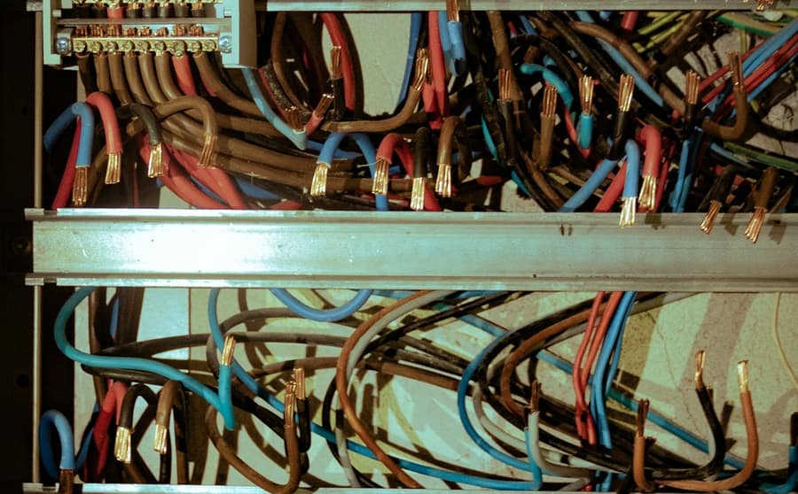 Dense older wiring crowded into an electrical enclosure